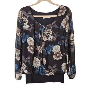 Viola Borghi Italy Floral Silk Chiffon Top Black & Blue